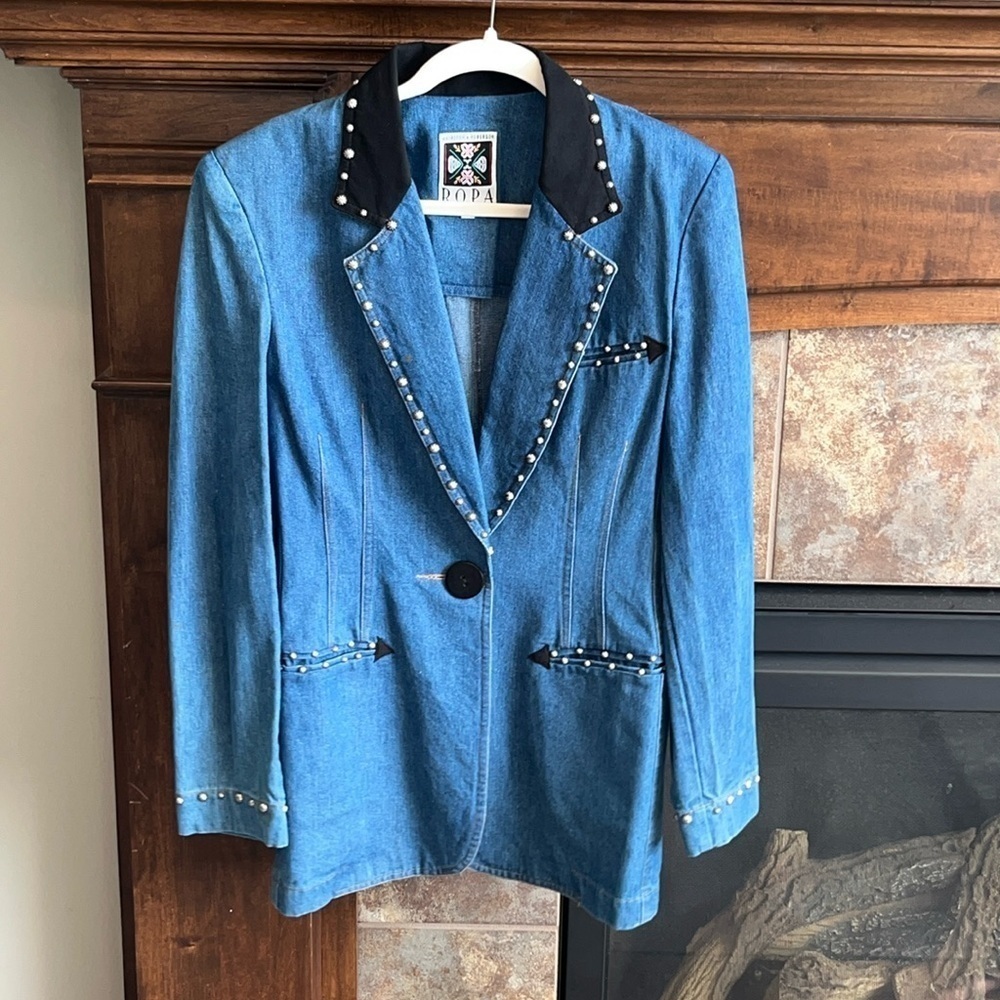 Vintage denim embellished studded western blazer jacket S/M cowgirl equestrian